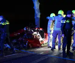 Auto zwaar beschadigd na frontale botsing tegen boom, bestuurder zwaargewond