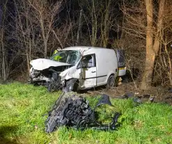 Bestelbus botst frontaal op boom naast snelweg