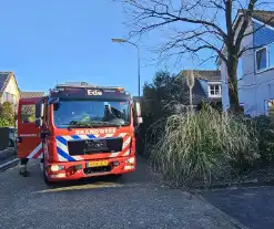 Vlammen uit schoorsteen bij brand