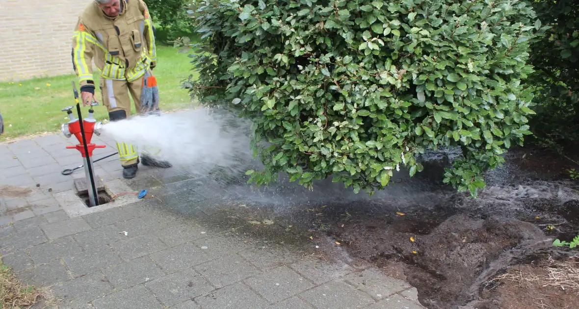 Brandweer blust buitenbrand met water uit brandkraan - Foto 5