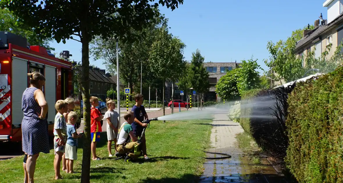 Kinderen blussen met brandweer brandende coniferenhaag