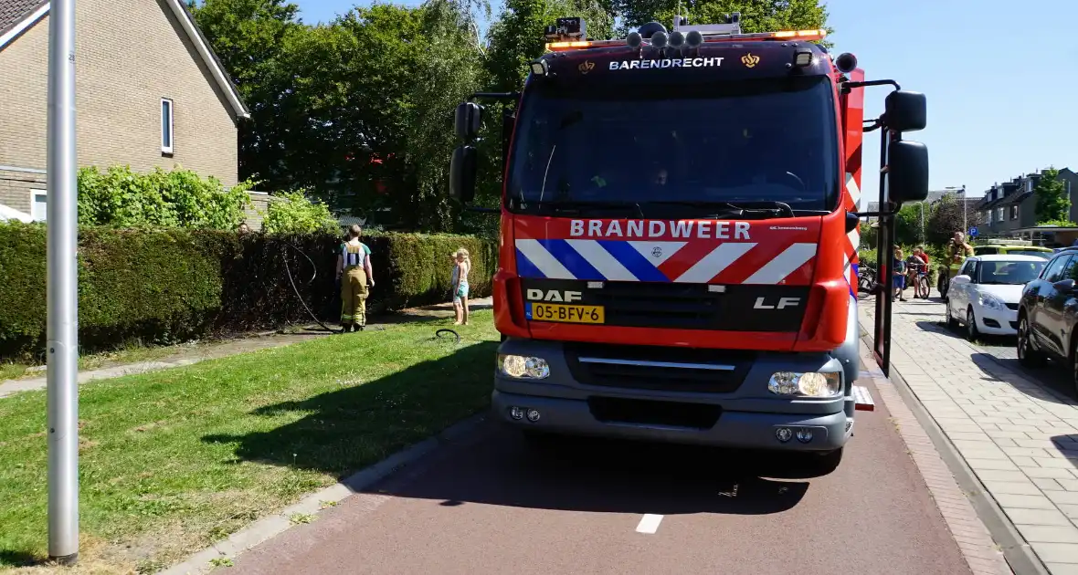 Kinderen blussen met brandweer brandende coniferenhaag - Foto 2