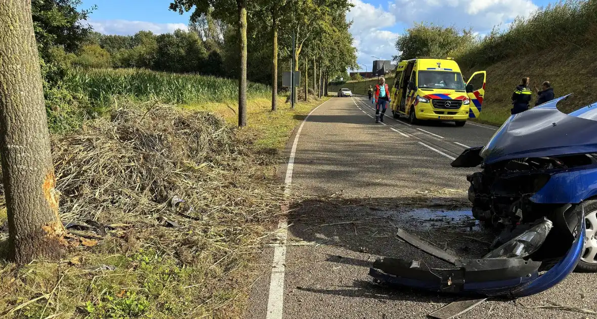 Auto krijgt klapband, bestuurder verliest macht over stuur en klapt op boom