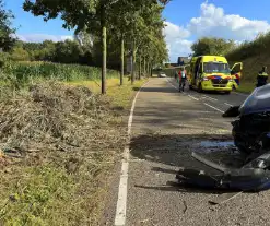 Auto krijgt klapband, bestuurder verliest macht over stuur en klapt op boom