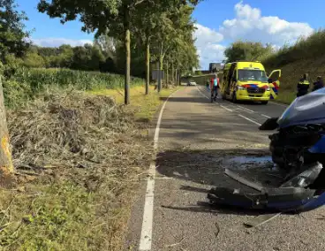 Auto krijgt klapband, bestuurder verliest macht over stuur en klapt op boom