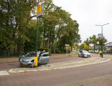 Automobilist ramt verkeersbord en lantaarnpaal