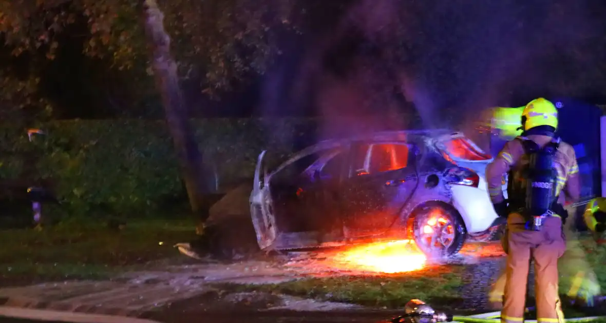 Auto uitgebrand na crash tegen boom