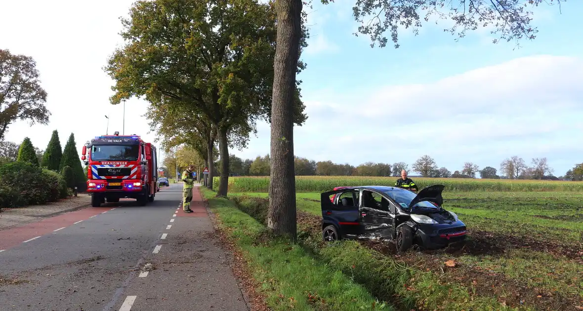 Automobilist klapt op boom en belandt in weiland