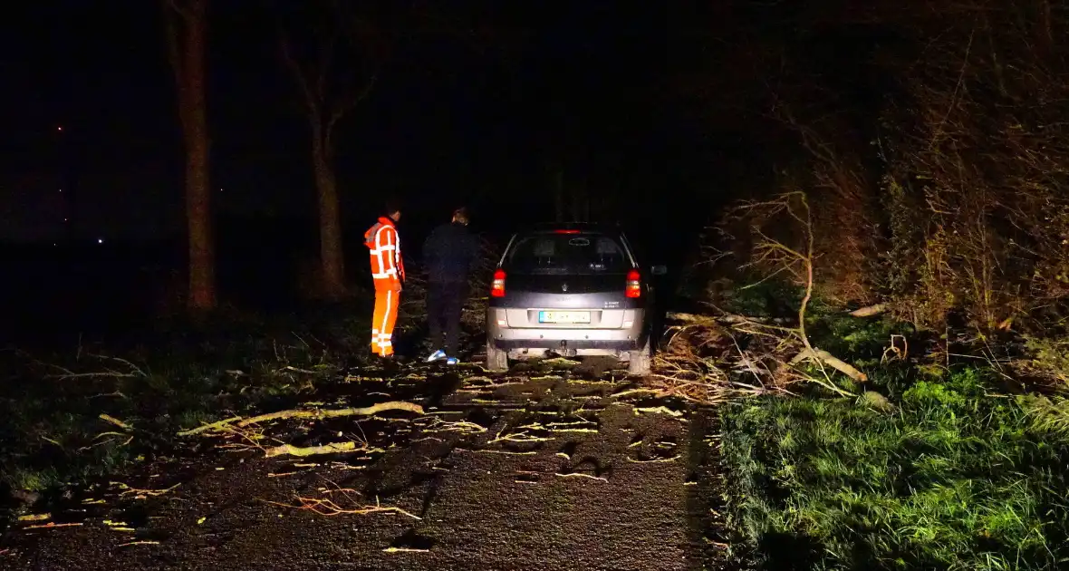 Auto komt vast te zitten tussen omgevallen bomen