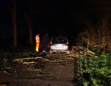 Auto komt vast te zitten tussen omgevallen bomen