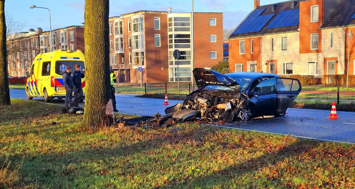 Auto loopt forse schade op na botsing met boom