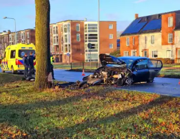 Auto loopt forse schade op na botsing met boom