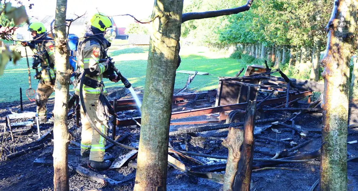 Bomen en pipowagen in brand