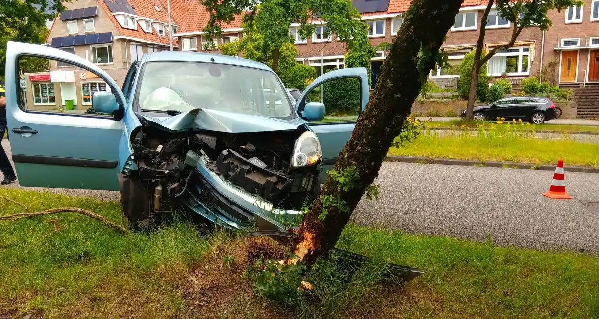 Bestelauto botst frontaal op boom