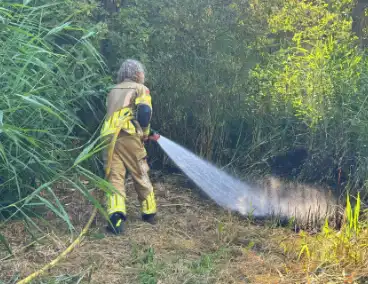 Omstander helpt brandweer met blussen van brand in bosschage