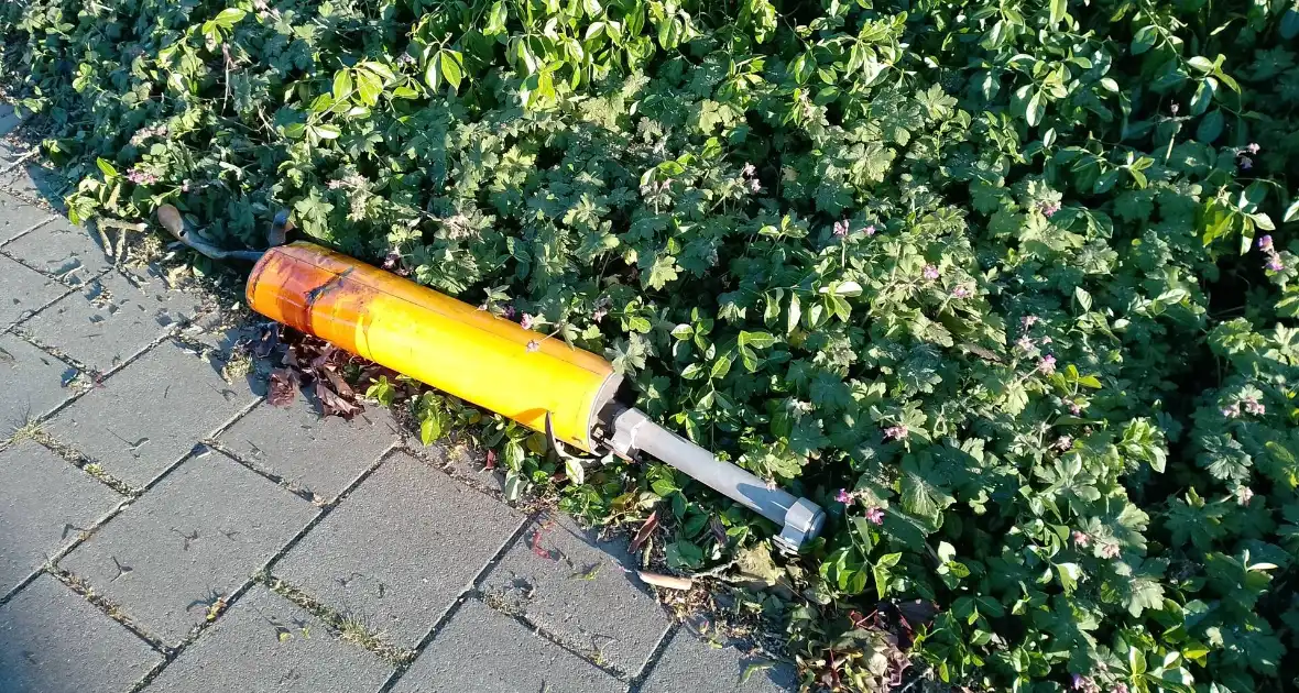 Automobilist ramt verkeerspaal uit grond door laagstaande zon - Foto 8