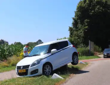Auto belandt op varkensrug