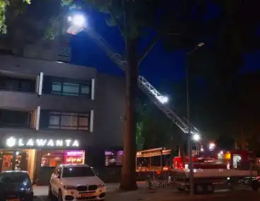 Brandweer haalt parasol uit boom met autoladder